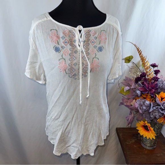 Como Vintage Tops - Como Vintage Ivory Embroidered Peasant Blouse Tie Neck Boho XL
